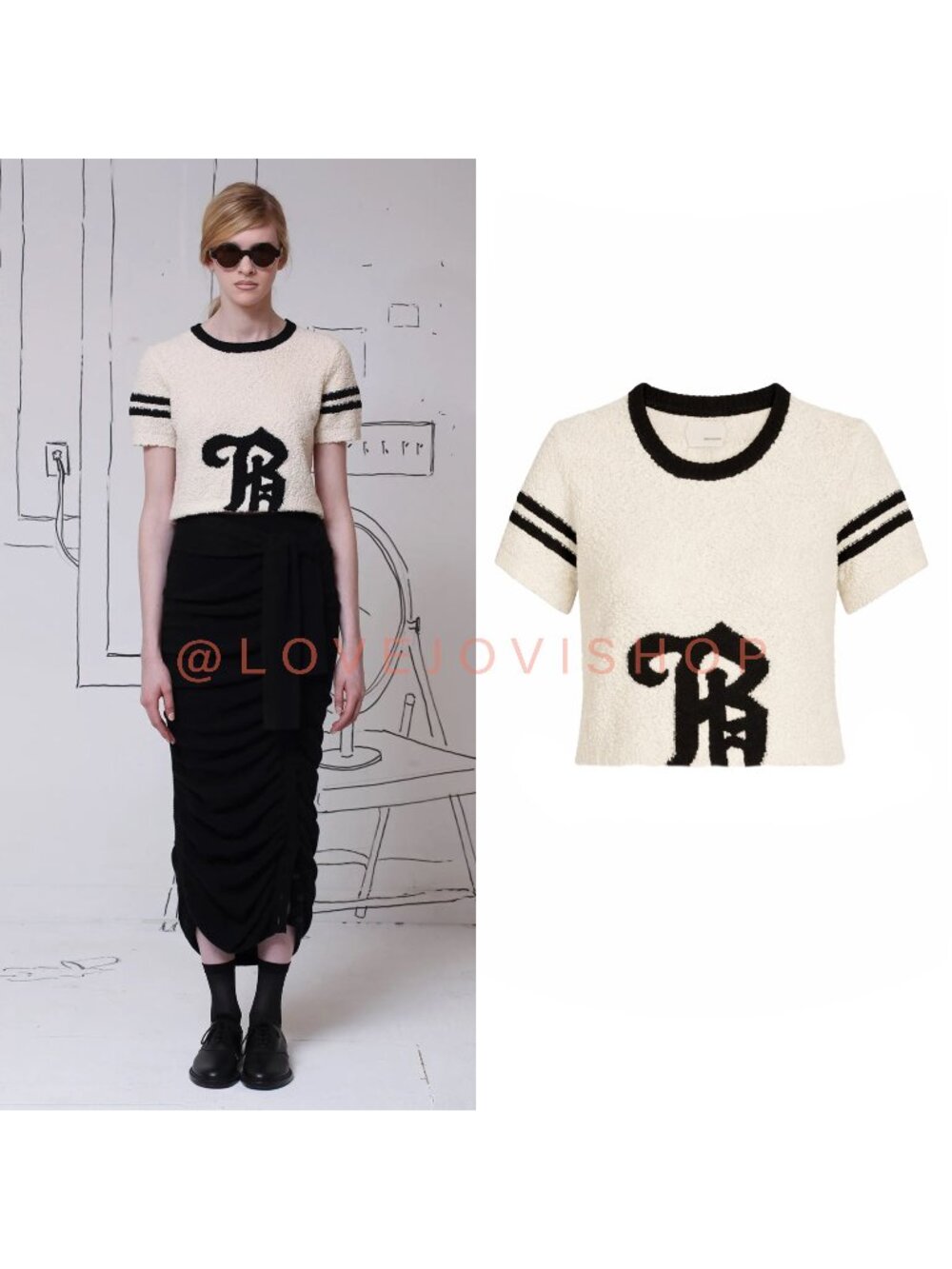 Runway | Band of Outsiders Teddy Cropped Sweater | Cream Black Varsity Cropped